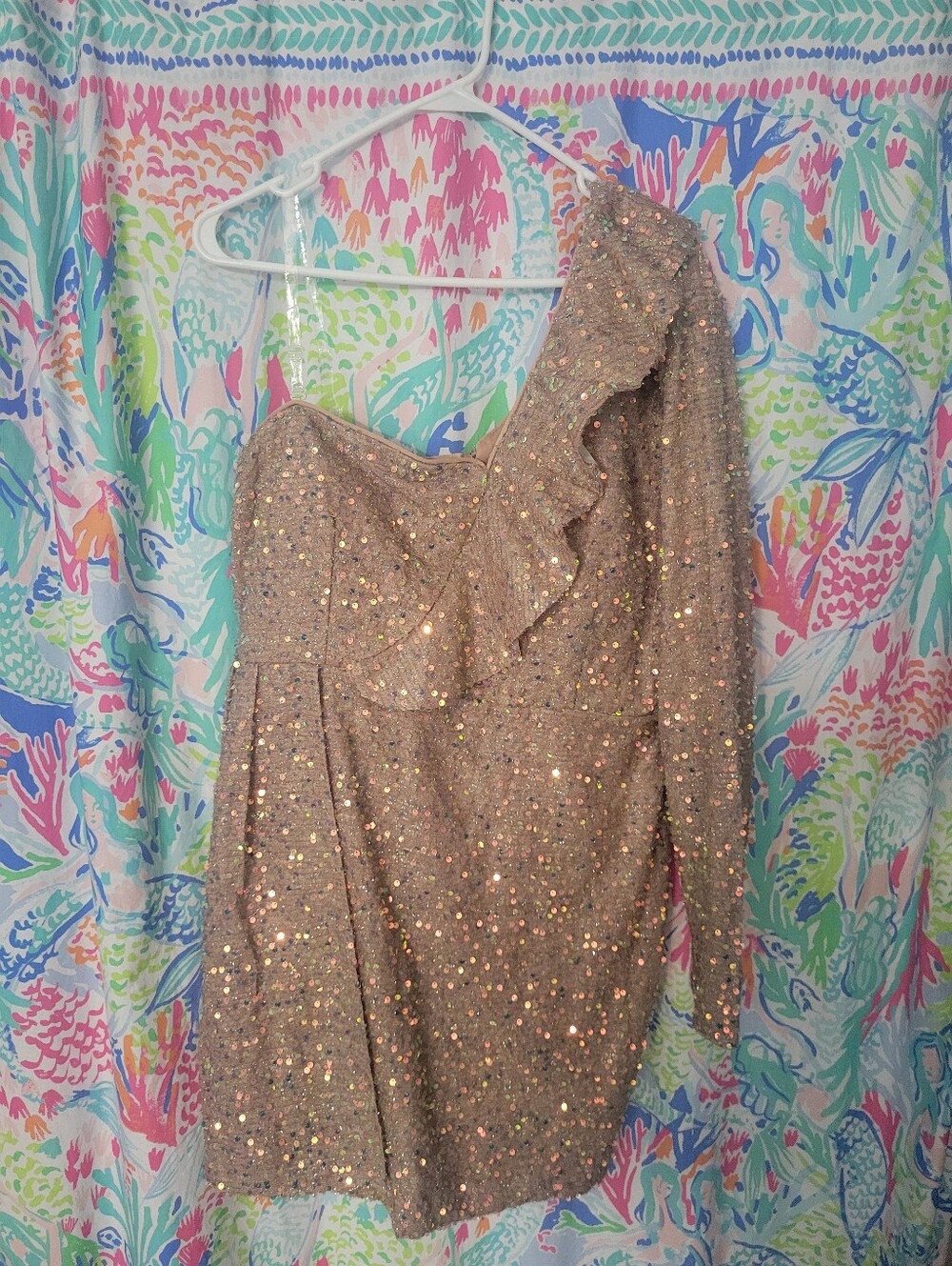 One-Shoulder Gold Sequin Party Dress 3XL